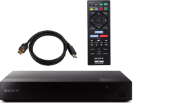 Image of a Sony Blu-Ray and DVD player with remote control and cord.