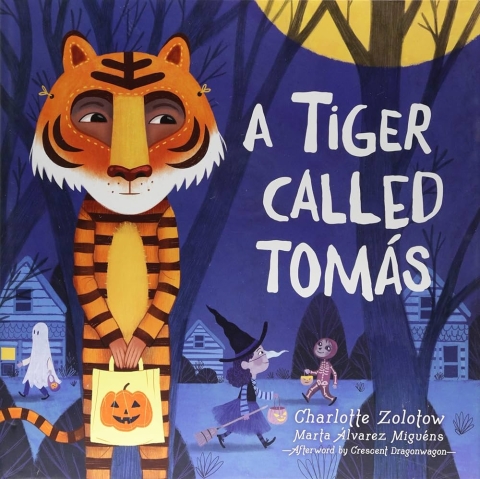 Cover of A Tiger Called Tomás: child in tiger costume holding bag, at night