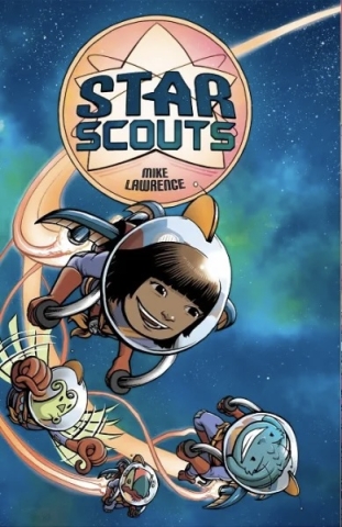 Star Scouts cover, smiling girl and her alien friends zooming in space helmets