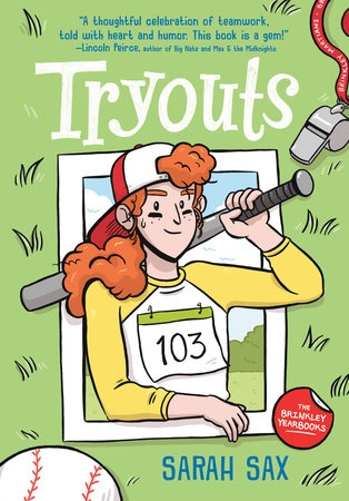 red-headed, pony-tailed girl holds a baseball bat over her shoulder.