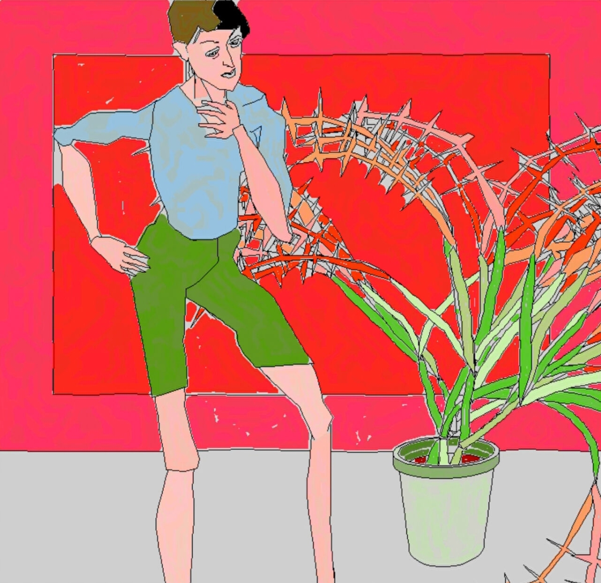 Artwork of a person standing next to a plant by Harold Cohen