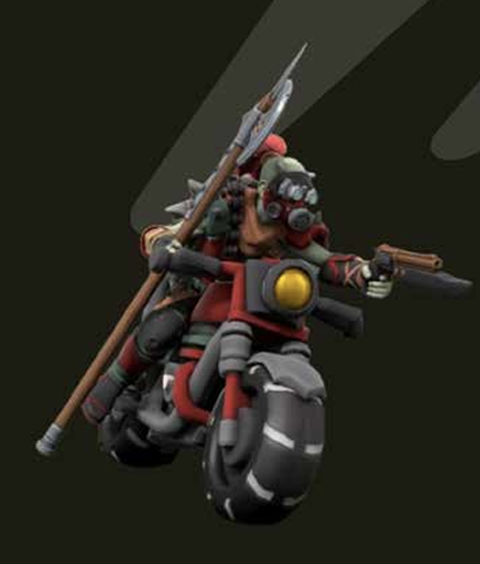 Character wearing a mask with a spear riding a motocycle holding a blaster