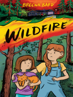 Young girl holding an orange cat, and an older girl, both standing in front of a froest fire.