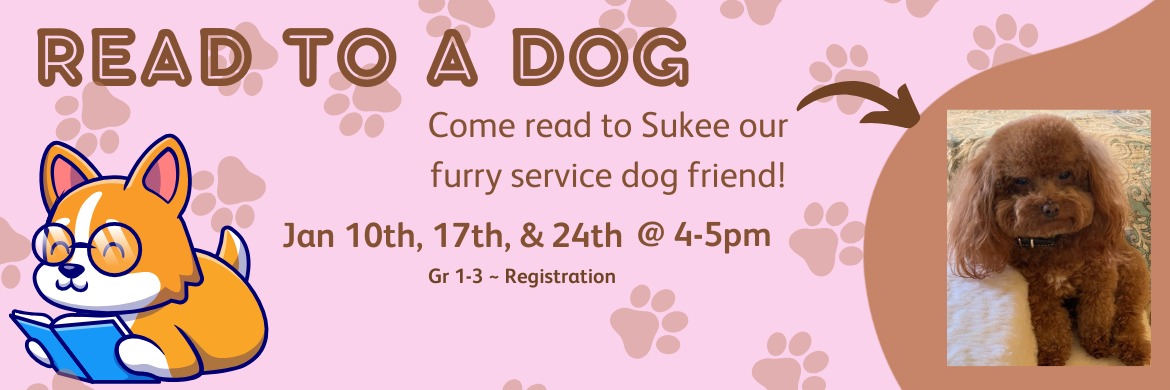 Read to a dog Friday, January 10, 17 & 24 2 4-5pm - Register Come read to Sukee our furry service dog friend Grades 1-3